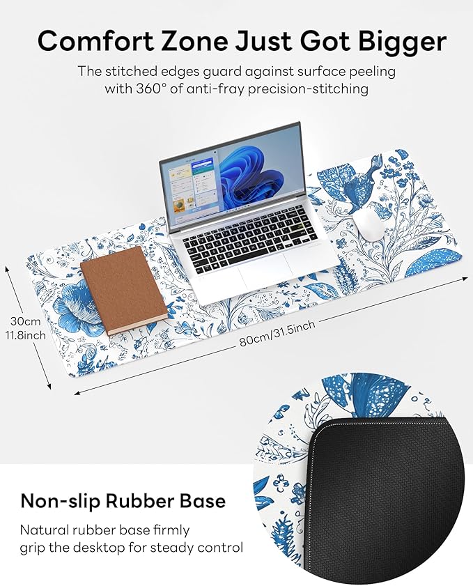 Floral Mouse Pad, 31.5 x 11.8 Large Desk Mat with Stitched Edges & Non-Slip Base, Mousepad for Office, Home, Work, Blue Flower