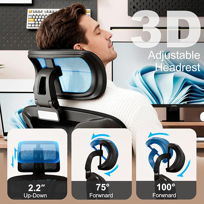 Vonesse Ergonomic Office Chair with Footrest, Desk Chairs with Adjustable 3D Headrest and Armrests, Computer Gaming Chair with Dynamic Lumbar Support & Adjustable Depth Breathable Mesh Seat (Black)