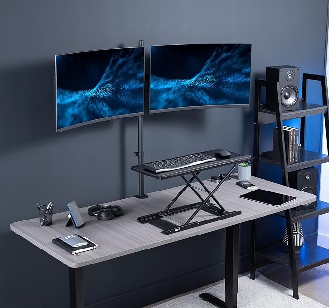VIVO Premium Dual Ultra Wide LCD LED 27 to 38 inch Monitor Desk Mount, Heavy Duty C-clamp, Extra Tall Pole, Adjustable Telescoping Arms, Flush Wall Setup, Fits 2 Screens, Black, STAND-TS38C-T