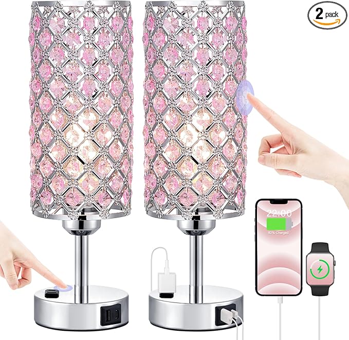 Hong-in Pink Crystal Lamp Set of 2, 3 Way Dimmable Touch Lamp for Bedroom with Crystal Shade, Bedside Nightstand Lamps for Living Room Bedroom Home Office