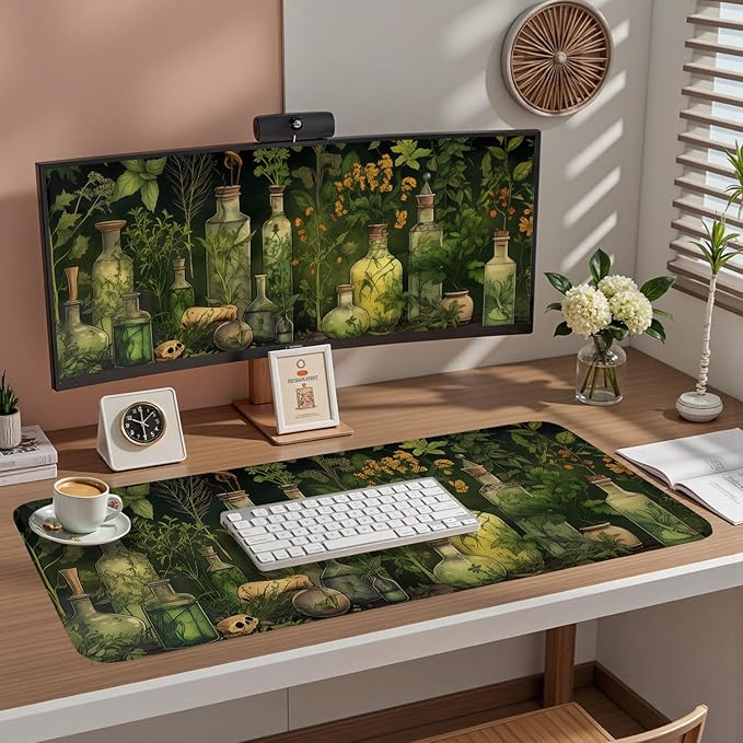 Green Enchanted Apothecary Desk Mat - Large Mouse Pad Mystical Herb Jars with Vines- Gothic Alchemy Bottles & Botanical Curiosities- Witchy Potion Brewer XL Desk Pad Cottagecore Decor 31.5 * 15.7in