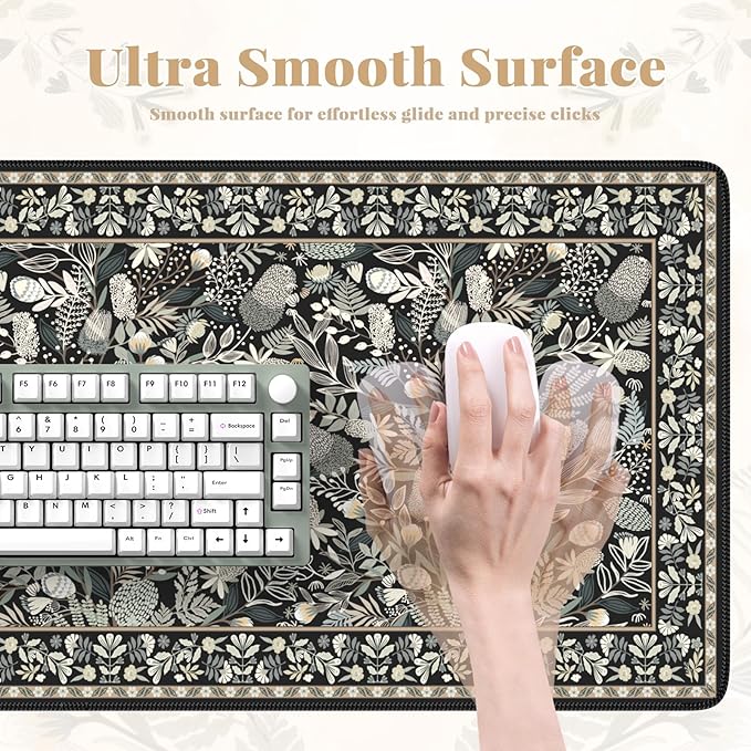 Large Mouse Pad for Desktop, Cute Desk Mat Pad Protector for Work & Gaming, Aesthetic Pretty Anti-Slip Laptop Blotter Cover for Office School Home Supplies, Black Floral, 35.4" x 15.7"