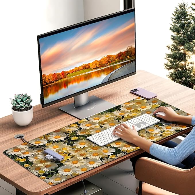 XXL Gaming Mouse Pad, Daisy Floral Design, 35.4 x 15.7 Inches, Microfiber Cloth, Rectangular, Non-Slip Rubber Base