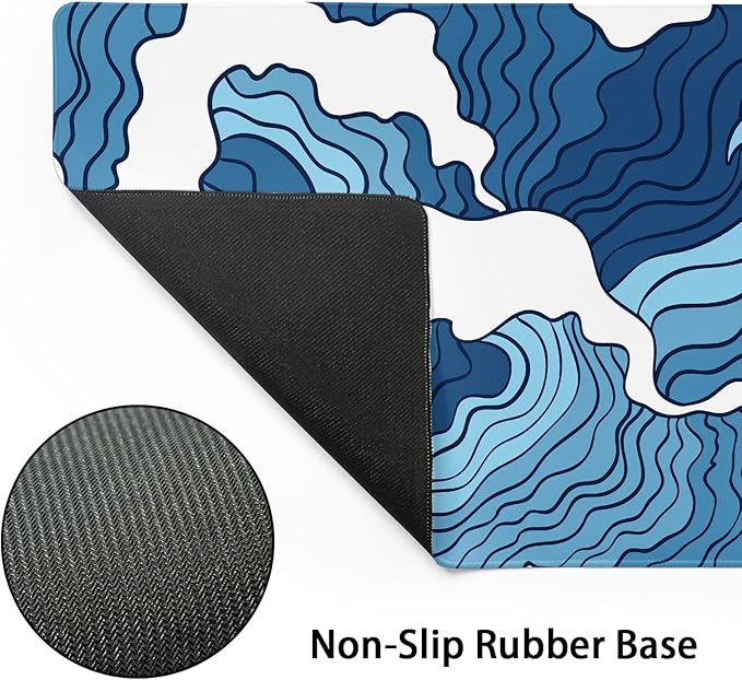 Japanese Blue and White Wave Gaming Mouse Pad XL Anime Sea Texture Extended Large Desk Mat Big Mousepad Non-Slip Rubber Base Stitched Edge Long Desk Pad for Desktop PC Computer Gamer,31.5×11.8 Inch