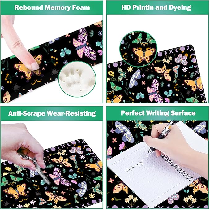 ARTSO Desk Mat Set, Black Butterfly Extended Gaming Mouse Pad with Wrist Rest Support +Keyboard Wrist Rest +Coaster, Large Cute Mousepad, Easy Typing & Comfort