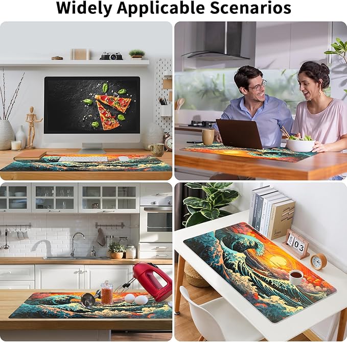 Japanese Sea Wave Desk Pad, Desk Matt for Desktop, Leather Mouse Pad, Waterproof Keyboard Mat, Non-Slip Computer Mat, Keyboard and Mouse Pad for Office Decor (31.5"x15.7")