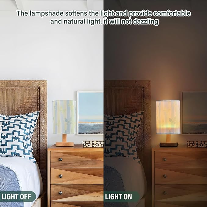 Pastel Stripe LED Table Lamp, Bedside Lamp with Linen Lampshade, Flicker-Free Eye Care USB Plug in Nightstand Lamp, for Bedroom and Office