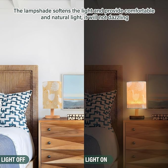 Beige Duck LED Table Lamp, Bedside Lamp with Linen Lampshade, Flicker-Free Eye Care USB Plug in Nightstand Lamp, for Bedroom and Office