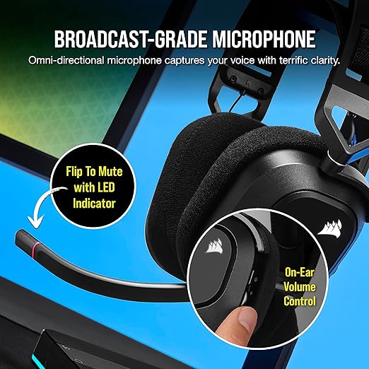 Corsair HS80 RGB Wireless Multiplatform Gaming Headset - Dolby Atmos - Lightweight Comfort Design - Broadcast Quality Microphone - iCUE Compatible - PC, Mac, PS5, PS4 - Black