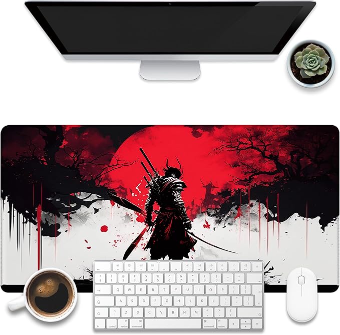 Large Gaming Mouse Pad, Cool Japanese Samurai Desk Mat, Red and White Samurai Desk Pad, 31.5"x15.7" Extended Big Computer Keyboard Mouse Pad with Non-Slip Base and Stitched Edge