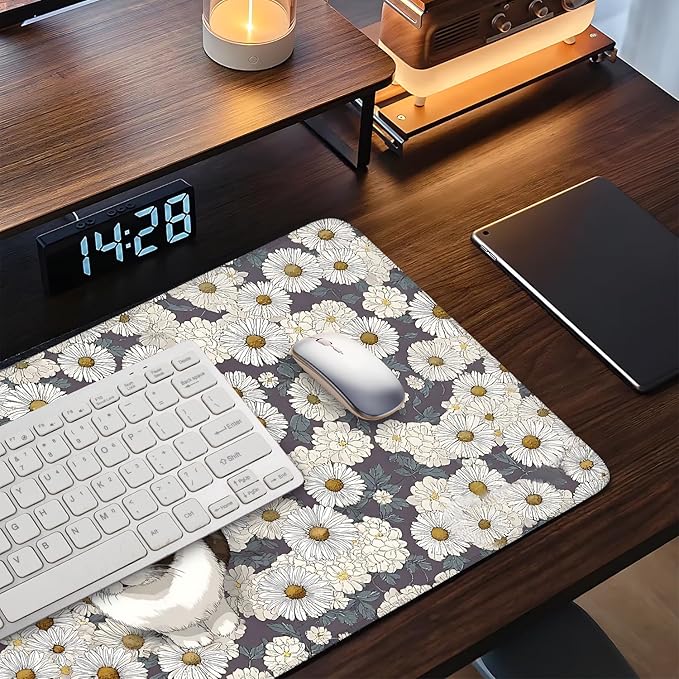 Large Mouse Pad & Keyboard Mat 35x16 Inches, Cute Rabbit in White Daisy Field Non-Slip Rubber Base Desk Mat, Large Extended Desk Protector for Home Office Gaming Setup