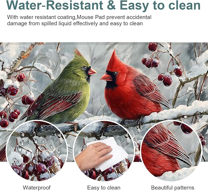 Christmas Bird Extended Gaming Mouse Pad 35.4x15.7Inch Large Desk Mat Anti-Slip Rubber Base & Durable Stitched Edges for Gamers Smooth Mouse Writing Surface for Desk Office/Home