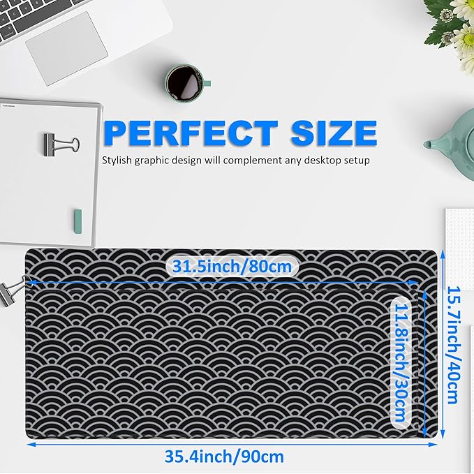 Desk Pad, Black and Silver Fan-Shaped Waves Extended Gaming Mouse Pad Large, 31.5"x11.8" Big Mouse Pad with Non-Slip Base and Stitched Edge, Long Computer Keyboard Mouse Mat for Home Office Work