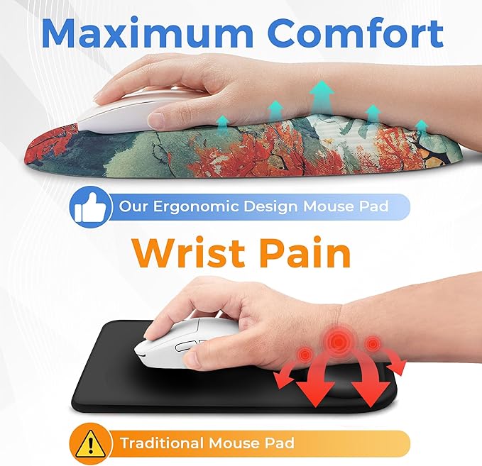 Ergonomic Mouse Pad with Wrist Support, Memory Foam Wrist Rest for Pain Relief & Carpal Tunnel, Non-Slip Base for Office, Computer, PC, Laptop (12x8x1.2inch, Japanese Forest)
