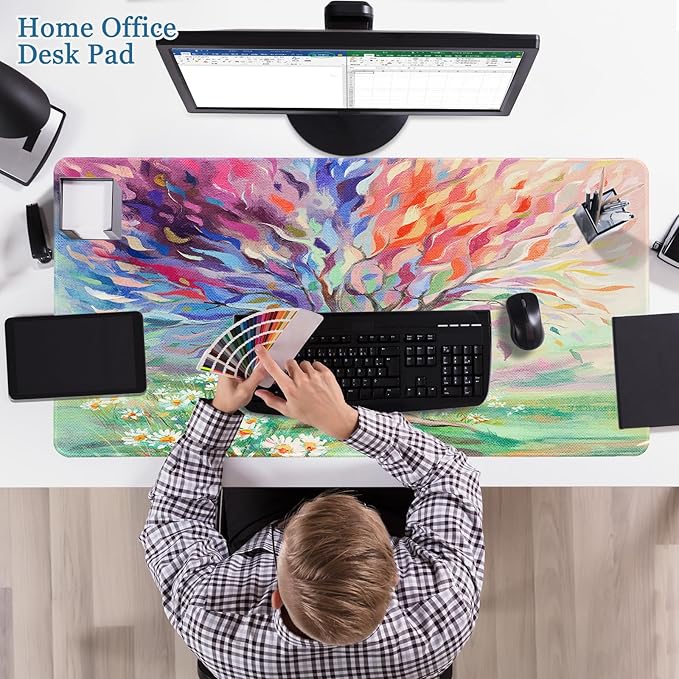 Desk Pad Oil Painting Tree, Desk Matt for Desktop, Seasons Tree of Life Gaming Mouse pad Extend XXL Large Anti-Slip Stitched Edges Waterproof Computer Laptop Keyboard Mat for Game, Home, Work, Office