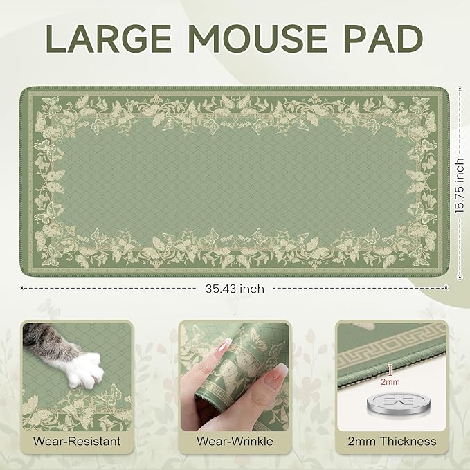 iCasso Floral Desk Mat for Keyboard and Mouse,Cute Gaming Mouse Pad XXL,Anti-Slip Desk Matt for Desktop,Soft Lycra Surface Computer Mat Women,Girly Big Mousepad for Home Office (Light Green)