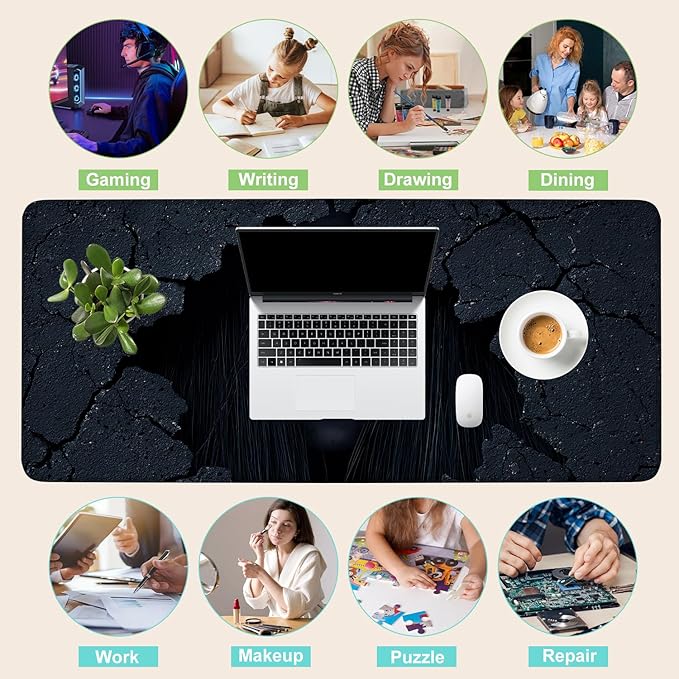 Desk Mat, XXL Extended Gaming Pad for Desktop, 35x16 Inches Horror Theme Figure Breaking Through Wall, Large Non-Slip Vegan Leather Surface with Stitched Edges, Keyboard Mouse Mat for Home Office