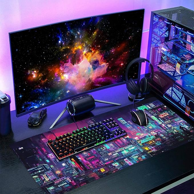 aportt Retro Japanese Anime Gaming Mouse Pad Extended Cool Dark Purple Red Vaporwave City Large Desk Mat Big Mousepad Non-Slip Rubber Base Stitched Edge Long Desk Pad for Desktop Computer,40×20 Inch