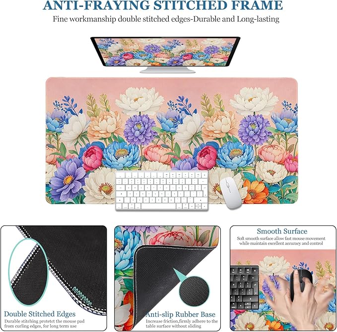 Desk Pad Peony Flowers, Desk Matt for Desktop Women Girls Floral Gaming Mouse pad Extend XXL Large Anti-Slip with Stitched Edges Waterproof Computer Laptop Keyboard Mat for Gaming, Home, Work, Office