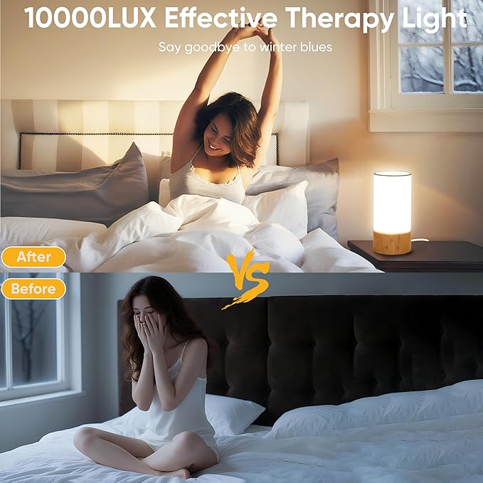 Light Therapy Lamp, Happy Lamp 10,000 LUX UV Free with 3 Color Temperature & 5 Brightness Level, Full Spectrum Light Wood Base Round Flaxen Fabric Shade for Home, Office, 4" × 8.4”