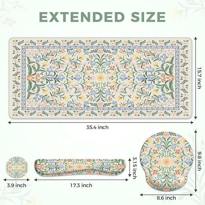 iCasso Green Desk Pad Mat, Large Mouse Pad and Keyboard Wrist Rest Set, Desk Protector Mat, 4in1 Ergonomic Keyboard Pad with Wrist Support for Desktop Home Office Computer Cover