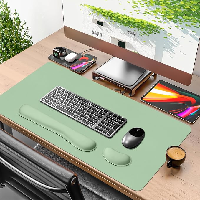 Mouse Pad and Keyboard Wrist Rest, Large Keyboard and Mouse Pad Set, Ergonomic Mousepad with Wrist Rest, Non-Slip Desk Mat Protector for Office, Home (31.5×15.7 Inches, Lake Green)