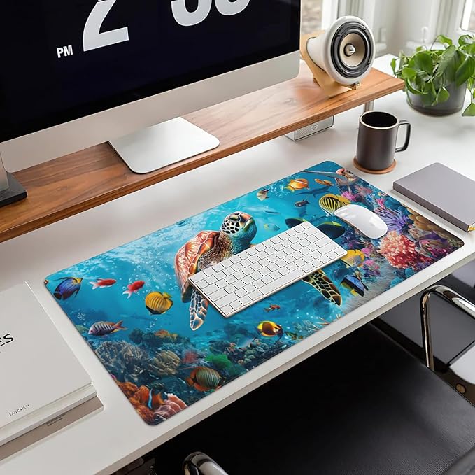 XXL Mouse Pad,Sea Turtle with Colorful Fish Large Gaming Mouse Pad,The Underwater World Desk Mat,Extended Big Computer Keyboard Desk Pad with Non-Slip Base Stitched Edges 35.4"x15.7"