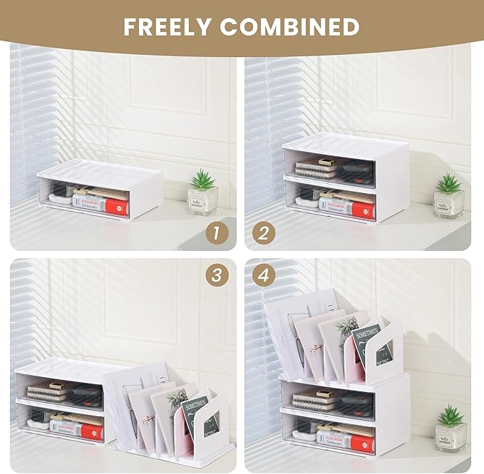 White Acrylic Desk Organizer with Drawer & File Holder, Stackable Modular Storage System, Multi-Layer Desktop Organizer, Space Saving Desk Organizer for Home Office & Study