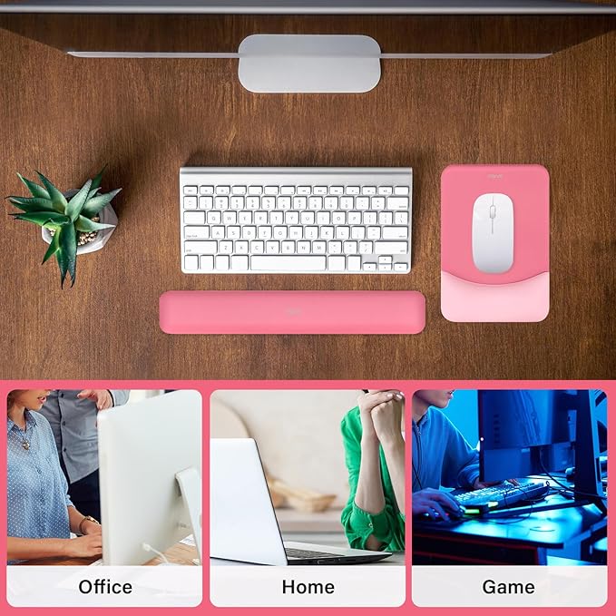 MOSISO Wrist Rest Support for Mouse Pad&Keyboard Set, Rectangular Ergonomic Mousepad Non-Slip Base Home/Office Easy Typing Pad with Neoprene Cloth&Raised Silicone Lining, Melon Pink