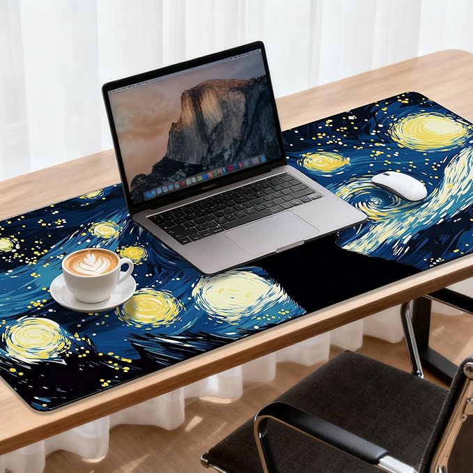 Large Mouse Pad 35.4x15.7 Inch Starry Night Black Cat Gaming Desk Mat with Non-Slip Rubber Base, Stitched Edges for Gaming,Office