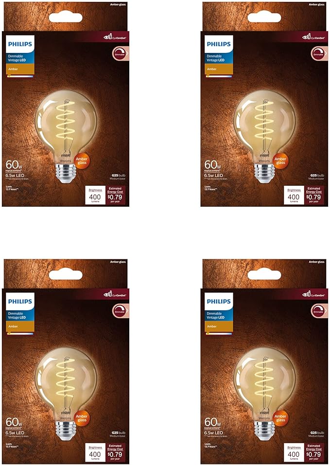 60W G25 4-Pack Vintage Edison Spiral Amber (2000K) 400 Lumen (6.5W = 60W) Dimmable Clear Flicker-Free Light Bulbs
