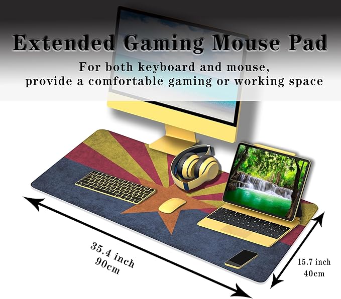 Gaming Desk Mat - Yellow Modern Mouse Pad, Extra Large Non-Slip Rubber Base, 35.4" X 15.7" for Work, Game, Office, Home - Arizona State Flag