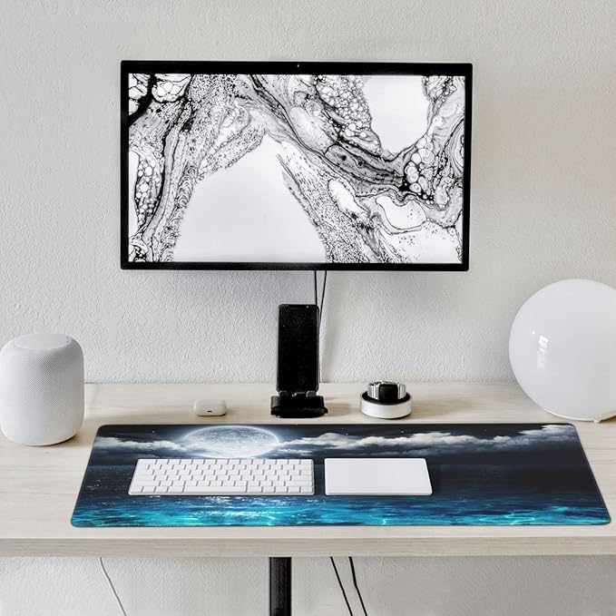 Gaming Mouse Pad,Large Mouse Pads for Desk,Non-Slip Rubber Base Extended Mousepad,XXL Keyboard Mouse Mat,Computer Keyboard Desk Pad with Stitched Edges,35.4x15.8inch,Full Moon On Sea Night