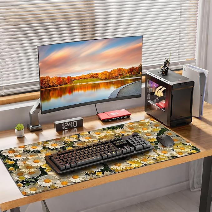 XXL Gaming Mouse Pad, Daisy Floral Design, 35.4 x 15.7 Inches, Microfiber Cloth, Rectangular, Non-Slip Rubber Base