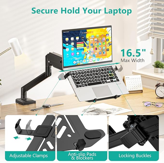 WALI Single Arm Laptop and Monitor Desk Mount for 17" Notebook and Up to 32" Screen, 2-in-1 Adjustable Gas Spring Monitor Arm with Laptop Tray, VESA 75x75 100x100,Holds 22-26.4 lbs, Black (GSMP001NLP)