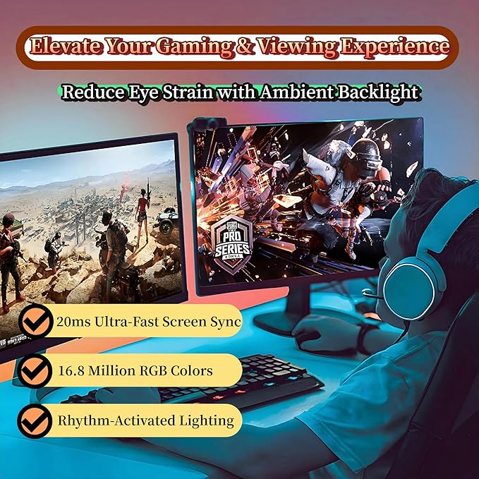 RGB Monitor Backlight for 34 Inch Ultrawide Monitors (21:9), Screen Sync Ambient Lighting Kit with Dual USB Power, Music Mode, Dynamic Gaming Lights for Curved Screens (4 Sides - 34 inch)
