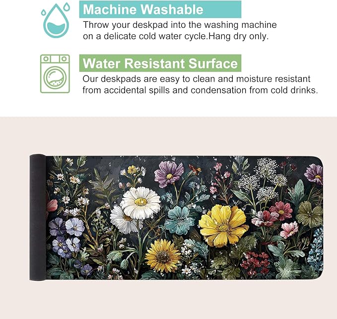 Desk Mat, XXL Extended Gaming Pad for Desktop, 31x12 Inches Vibrant Floral Bouquet, Large Non-Slip Vegan Leather Keyboard Mouse Mat for Home Office