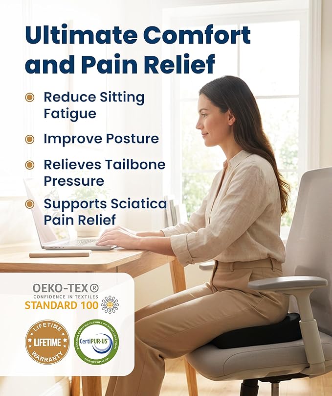 Everlasting Comfort Doctor Recommended Memory Foam Seat Cushion for Office Chairs & Car - Ergonomic Office Desk Accessories - Cushions for Tailbone Support, Sciatica (Black, Large)