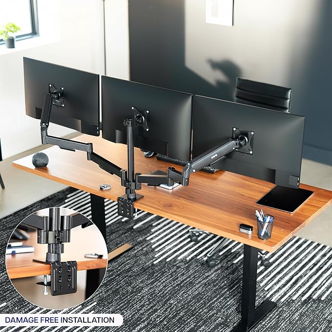 VIVO Triple Monitor Stand, Fully Adjustable Arms for 17 to 27 inch Screens, Mechanical Articulating Desk Mount, Gaming and Office Setups, VESA 75x75, 100x100, Max 19.8 lbs, Classic, Black, STAND-V003O