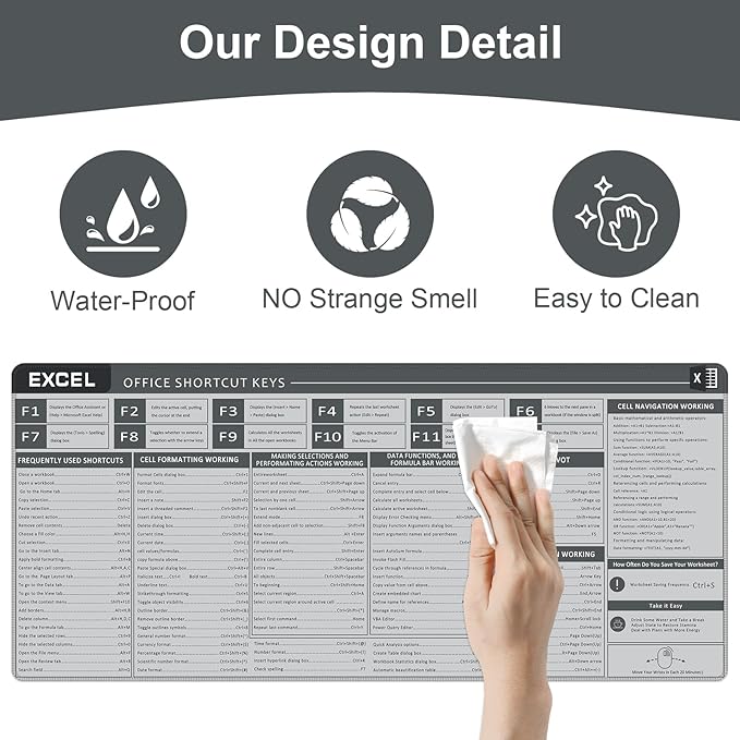 Baziabbo Office Desk Mat, Excel Cheat Sheet Keyboard Mat, Excel Shortcut Desk Pads,Non-Slip Excel Mousepad with Stitched Edges for Computer (Sheet Grey)