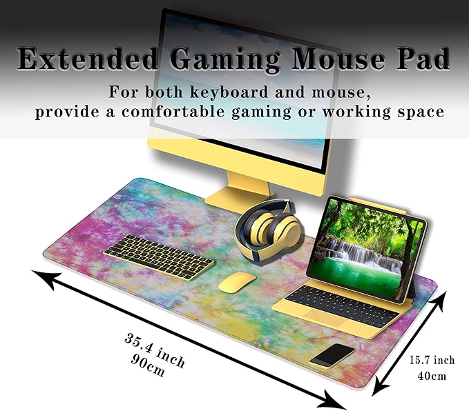 Desk Mouse Pad Rainbow Mats, XXL Mouse Pads Desk Pad for Women Keyboard Big Mousepads, Long Desk Pad Non-Slip Rubber Base, 35.4 X 15.7 inch for Work/Game/Office/Home Splash Tie Dye Pattern