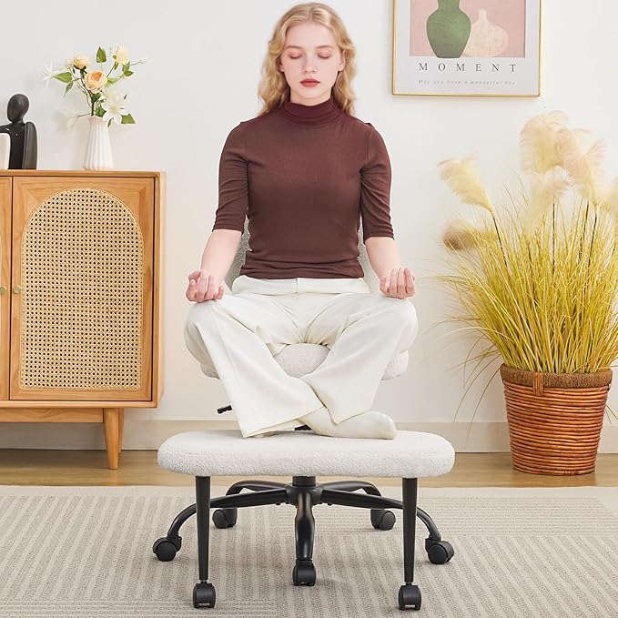 Ergonomic Criss Cross Legged Office Chair, ADHD Chair, Wide Height Adjustable Seat 360° Swivel Footstool with Wheels, Teddy Fabric Meditation Kneeling Chair, for The Restless Home Workers, White