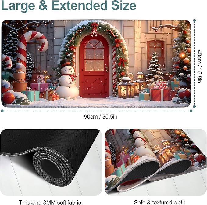 Christmas Scene Extended Gaming Mouse Pad 35.4x15.7Inch Large Desk Mat Anti-Slip Rubber Base & Durable Stitched Edges for Gamers Smooth Mouse Writing Surface for Desk Office/Home
