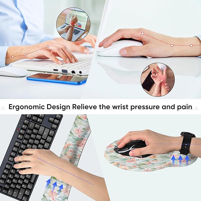 Ergonomic Keyboard Mouse Pad Wrist Rest Support Set for Laptop/Computer/Desktop,Memory Foam Hand Rest Wrist Cushion for Gaming/Office,Lightweight Comfortable (Watercolor Flowers)