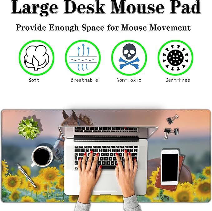 Gaming Desk Mat Sunflowers, Gaming Mousepad Computer Desk Pad, Home Office Decor Non-Slip Rubber Base Waterproof with Stitched Edges, 35.4 X 15.7 inch for Work/Game/Office/Home Red Stallion