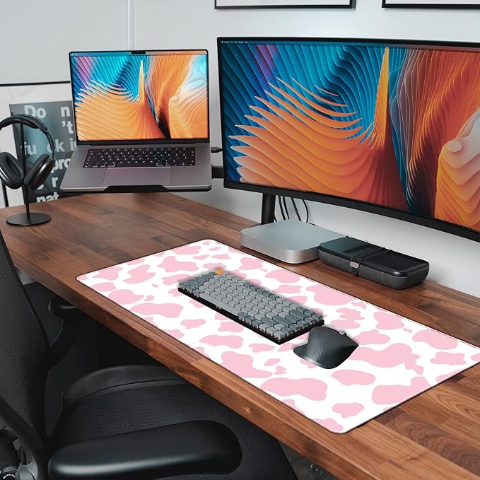 Extended Large Computer Gaming Mouse Pad Desk Mat(31.5×15.7 in),Desk Pad with Non-Slip Base and Stitched Edges,Suitable for Work Office Large Gaming Mouse Pad Desktop Pad-Pink Cow