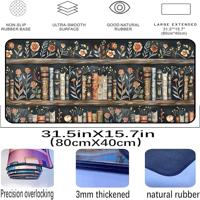 Vintage Flower Bookshelf Desk Mat, Library Book Mouse Pad Desk Pad, Extended Large Gaming Computer Laptop Keyboard and Mousepad, with Stitching Edges, for Women Office Desk Decor 31.5"X15.7"