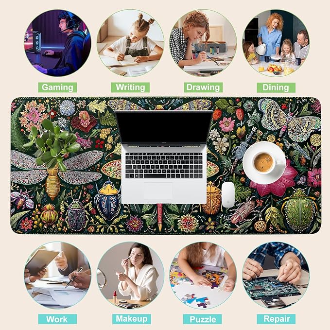 Desk Mat, XXL Extended Gaming Pad for Desktop, 35x16 Inches Butterflies and Dragonflies Garden Scene, Large Non-Slip Vegan Leather Keyboard Mouse Mat for Home Office