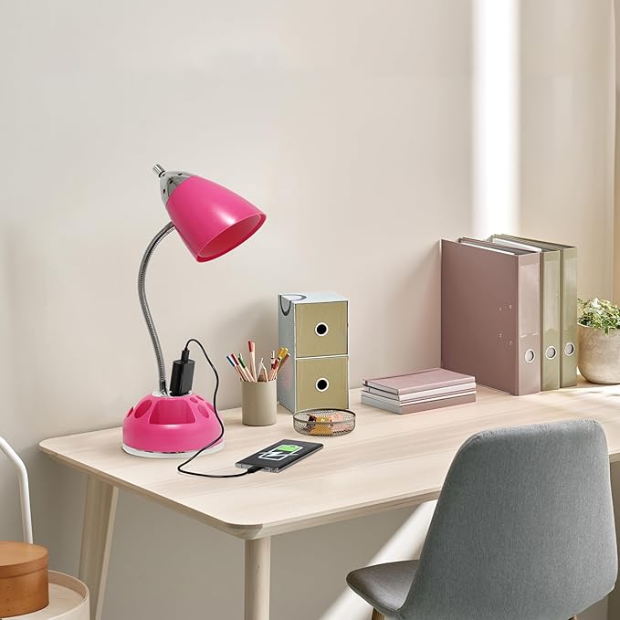 Simple Designs LD1015-PNK-LB 19.5" Flossy Organizer Desk Lamp with Charging Outlet Lazy Susan Base and LED Bulb, Pink