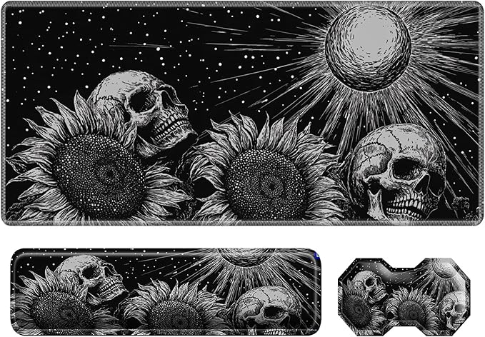 3Pcs Mouse Pad Set, Gothic Skull Sunflowers Large Gaming Mouse Pad with Stitched Edge, Ergonomic Memory Foam Keyboard Wrist Support and Mouse Wrist Rest Cushion, Pain Relief Non-Slip Desk Pad Combo